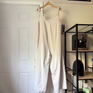 BEACHWOOD BABY tan white striped cotton v-neck seersucker wide leg jumpsuit